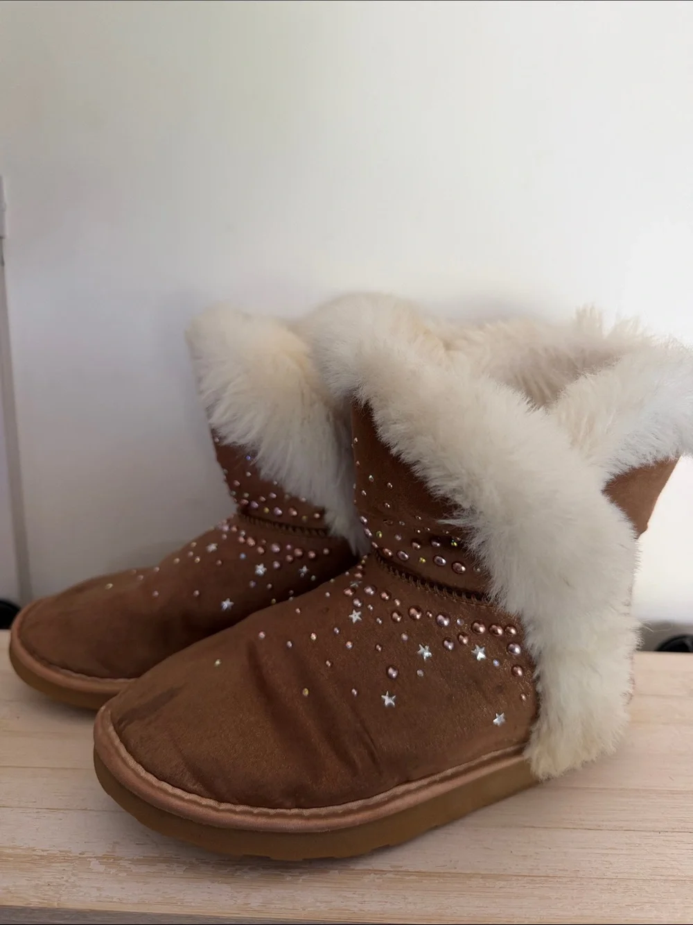 Justice Brown Faux Fur Star-Studded Kids Boots